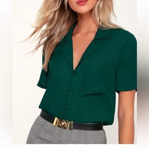 NWT Lulus Good Luck Charm Dark Green Short Sleeve Button-Up Top